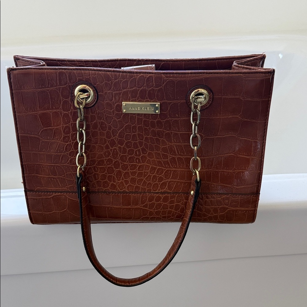 Anne Klein Brown Croc-Embossed Shoulder Bag